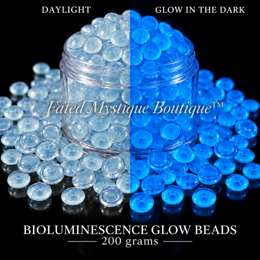 BIOLUMINESCENCE GLOW BEADS, 200 grams, acrylic beads overflowing a centered clear jar on black, daylight and glow-in-the-dark views — Fated Mystique Boutique