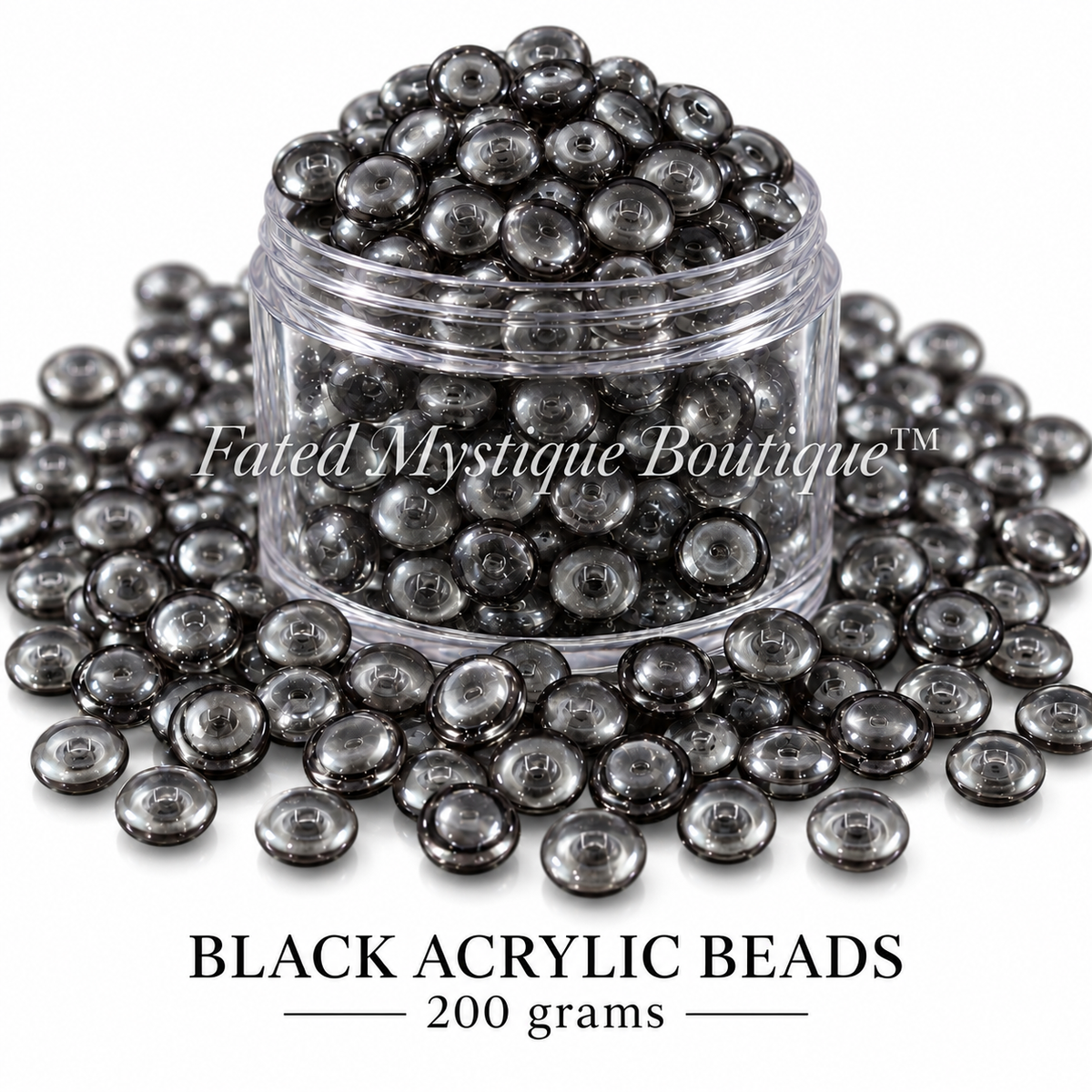 BLACK ACRYLIC BEADS, 200 grams, centered clear jar with overflowing acrylic beads on a solid white background — Fated Mystique Boutique