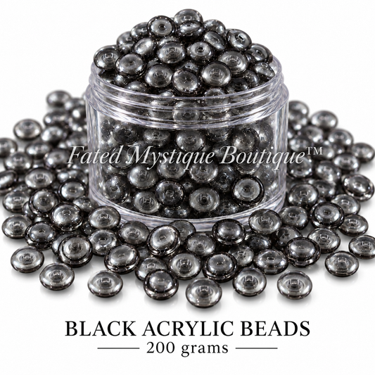 BLACK ACRYLIC BEADS, 200 grams, centered clear jar with overflowing acrylic beads on a solid white background — Fated Mystique Boutique