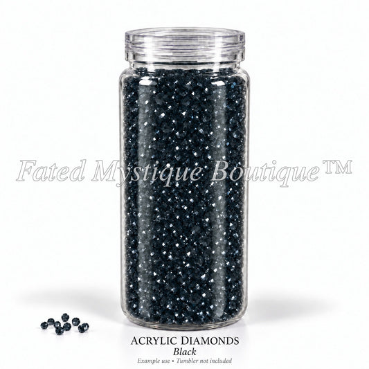 Black Acrylic Diamonds shown in a clear snow globe tumbler; example use, tumbler not included
