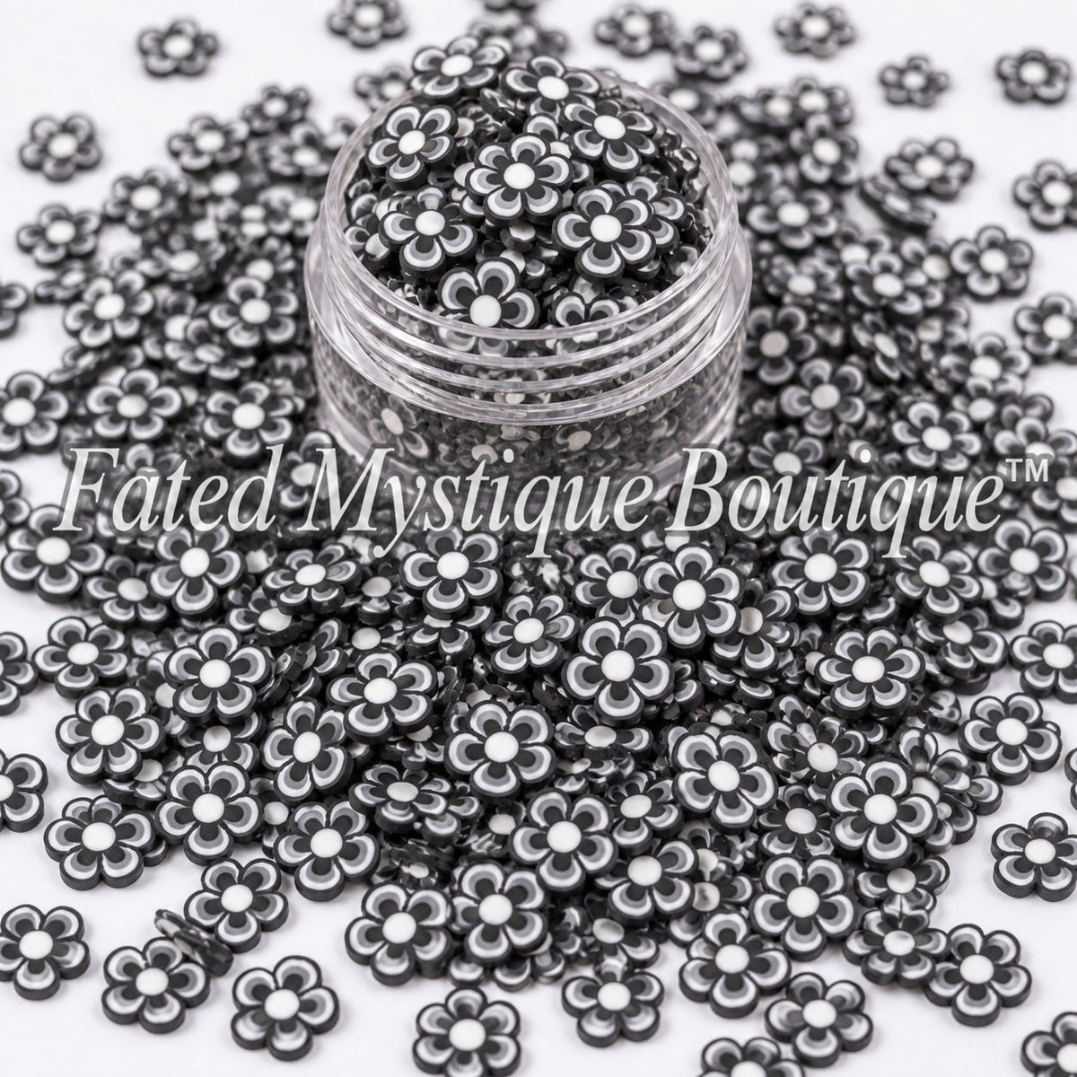 Black floral polymer clay slices for snow globe tumblers slime and DIY craft projects