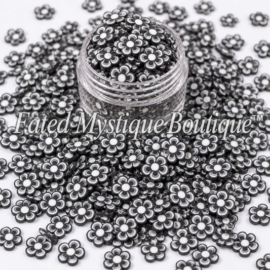 Black floral polymer clay slices for snow globe tumblers slime and DIY craft projects