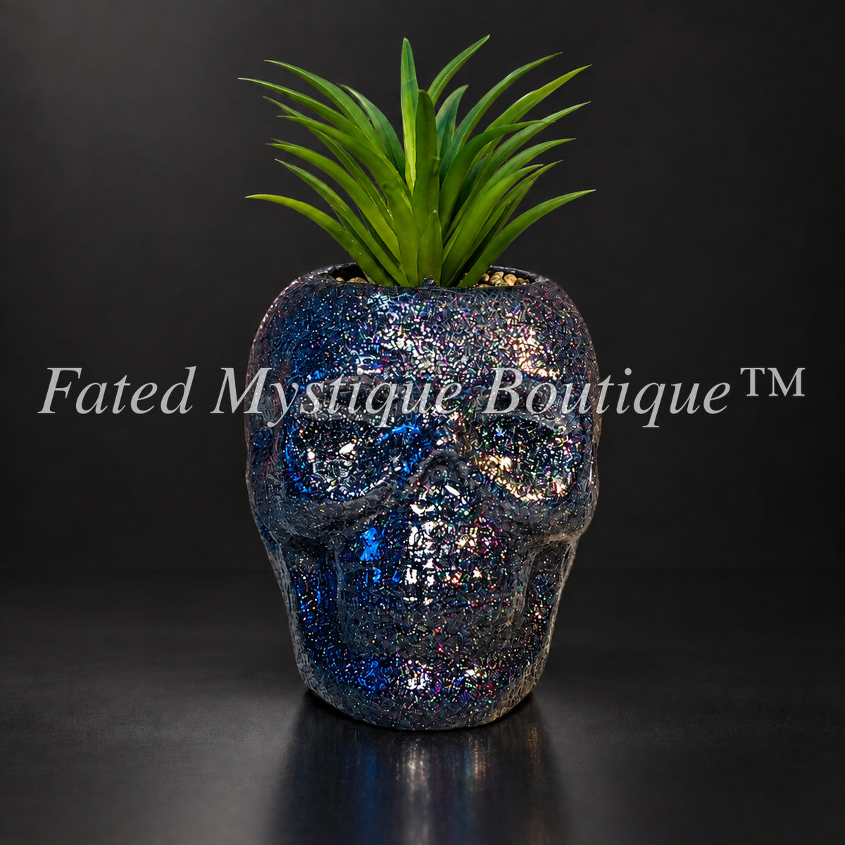 Small black glitter skull faux succulent planter with glow-in-the-dark eyes — Fated Mystique Boutique