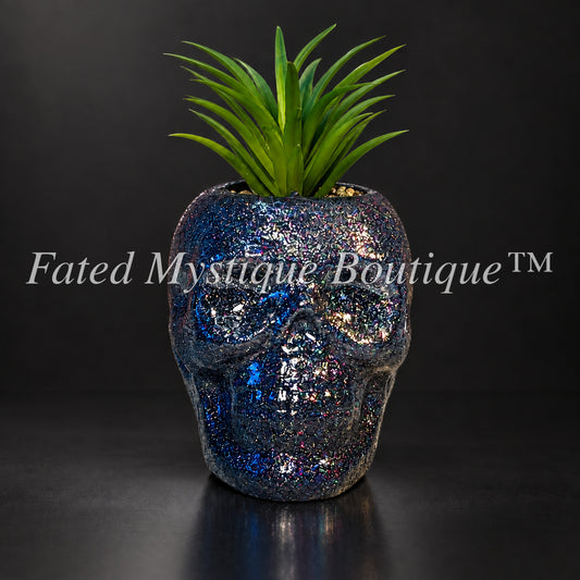 Small black glitter skull faux succulent planter with glow-in-the-dark eyes — Fated Mystique Boutique