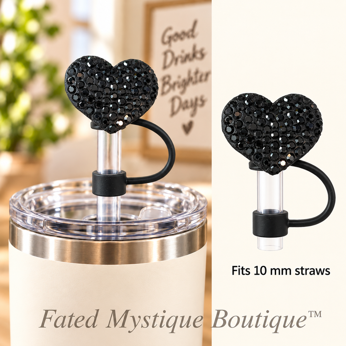 Black Rhinestone Heart straw topper with matching tether for 10 mm straws — Fated Mystique Boutique