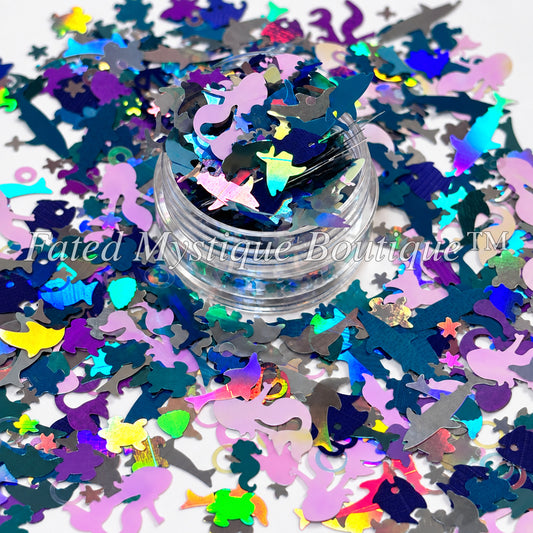 Blue holographic ocean mix shaped glitter for snow globe tumblers resin and beach themed crafts