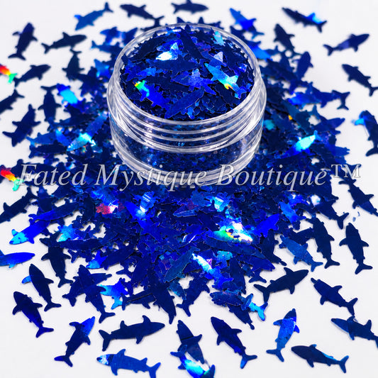 Blue holographic shark shaped glitter for snow globe tumblers resin and ocean crafts