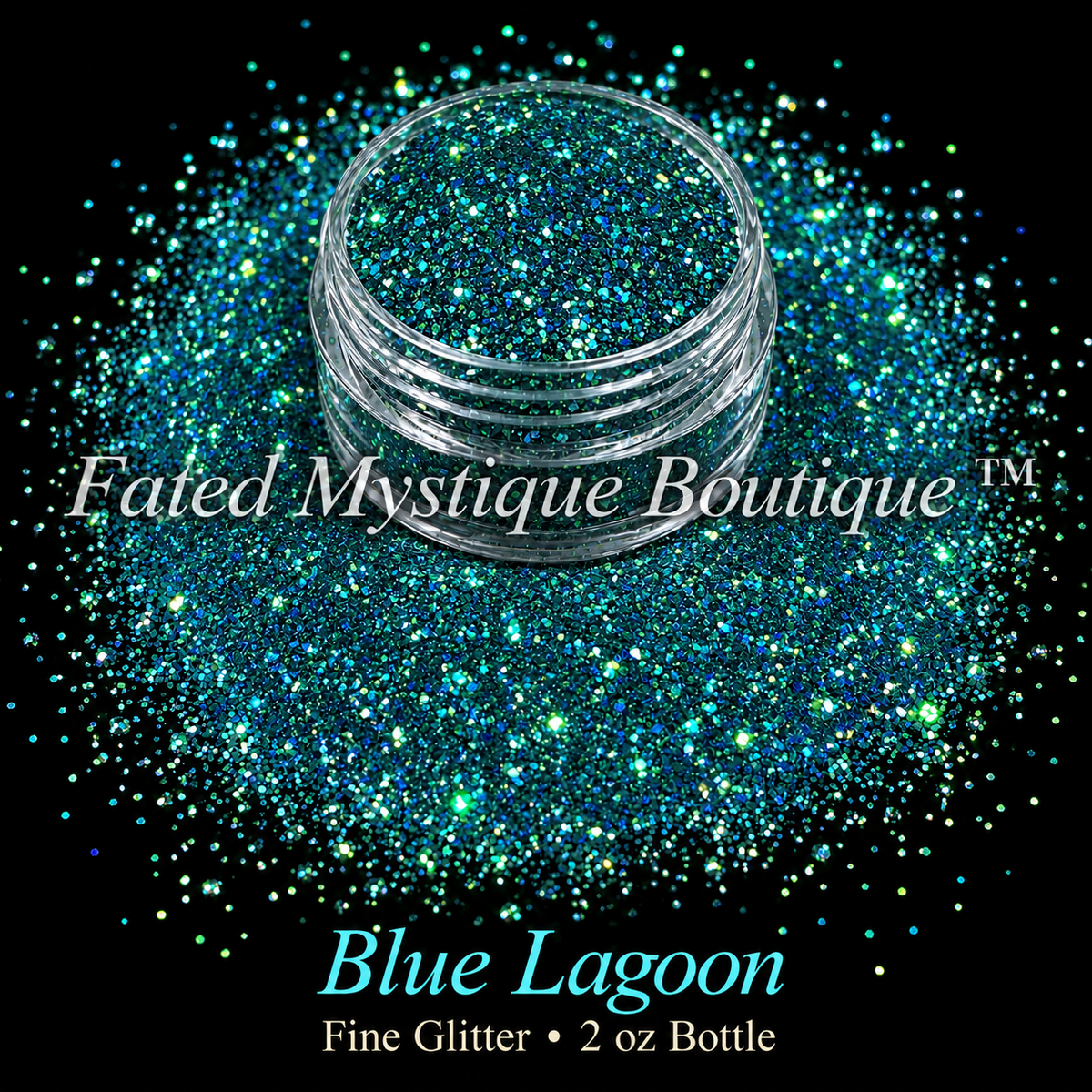 Blue Lagoon deep teal-blue fine glitter with aqua, blue and green reflective flashes in a clear jar on black; 2 oz bottle.