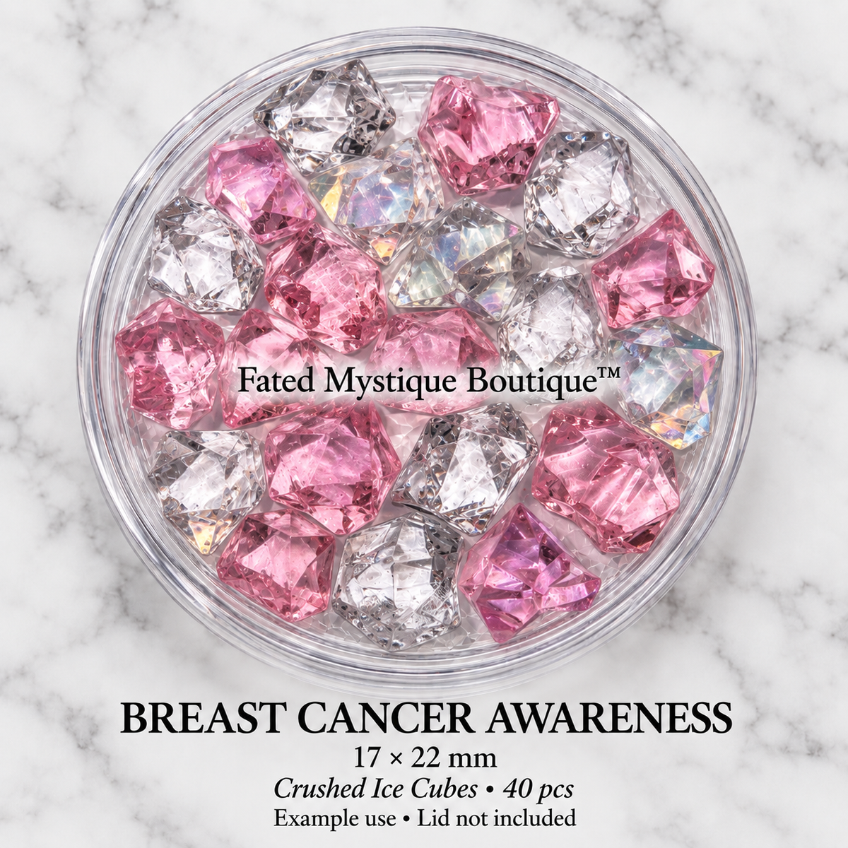 Breast Cancer Awareness acrylic crushed ice cubes in transparent pale pink, crystal clear and a few iridescent clear pieces, 17 × 22 mm, 40 pieces per package