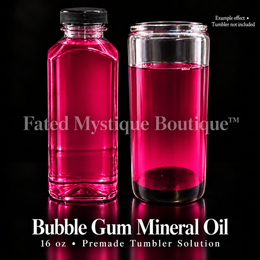 Bubble Gum Mineral Oil — 16 oz bottle beside a clear tumbler showing the oil color; example effect, tumbler not included.