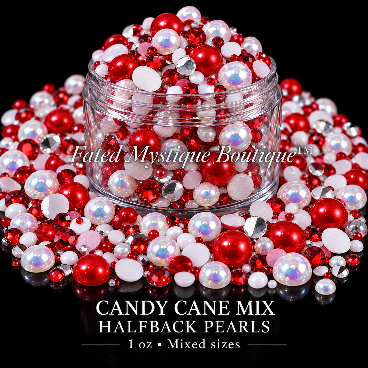 Candy Cane Mix Halfback Pearls, 1 oz mixed sizes, centered clear jar with scattered craft embellishments on black — Fated Mystique Boutique