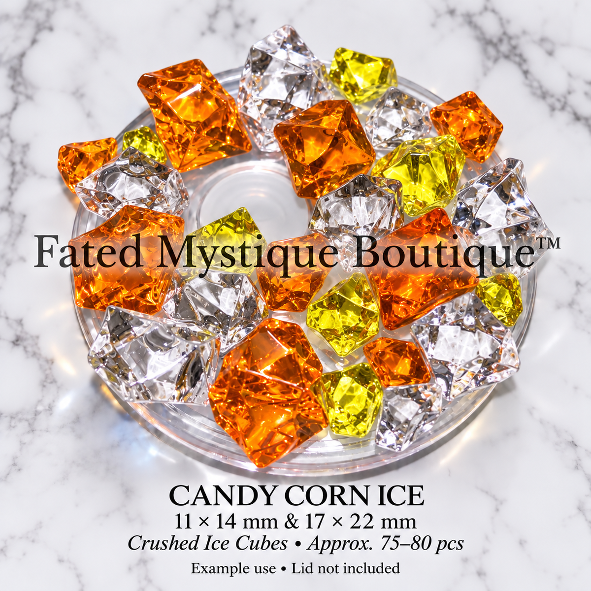 Candy Corn Ice orange, yellow and clear acrylic crushed ice cubes, 11 × 14 mm and 17 × 22 mm, approximately 75–80 pieces