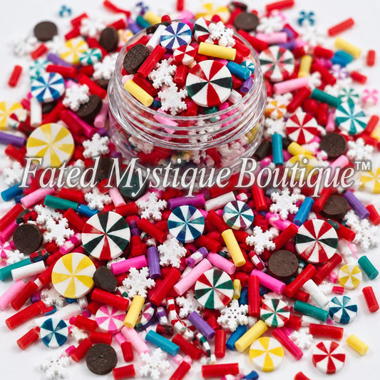 Candyland candy-themed polymer clay slices for colorful snow globe tumblers and DIY crafts