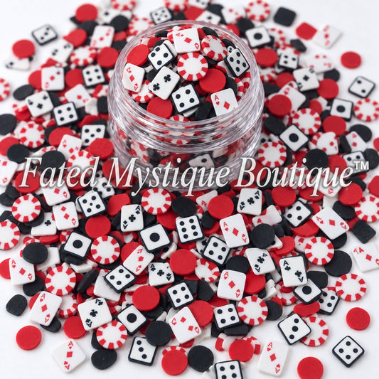 Casino polymer clay slices with playing cards poker chips and dice for snow globe tumbler crafts