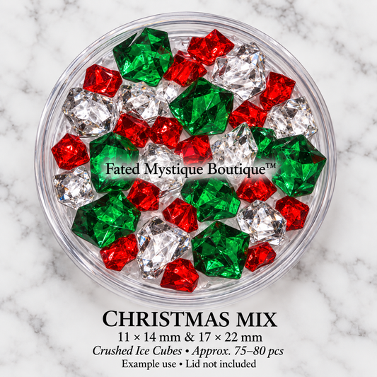 Christmas Mix acrylic crushed ice cubes in transparent ruby red, dark emerald green and crystal clear; more small red pieces and large green and clear pieces, 11 × 14 mm & 17 × 22 mm, 75–80 pieces per package