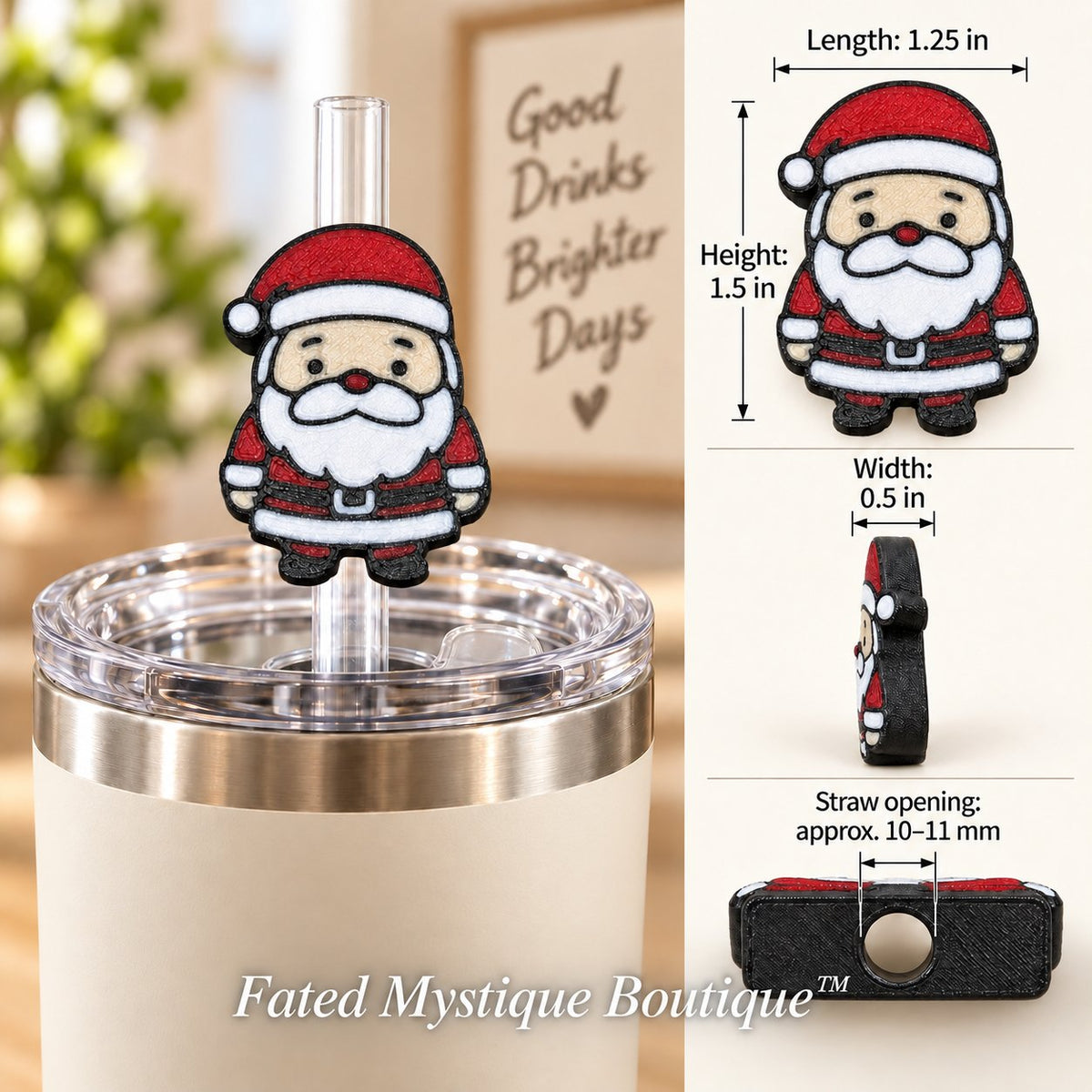 Santa 3D printed straw topper in use on unified warm farmhouse background with dimensions