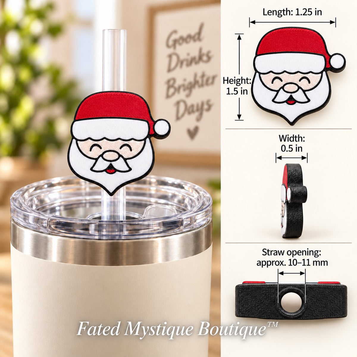 Santa face 3D printed straw topper in use on unified warm farmhouse background with dimensions