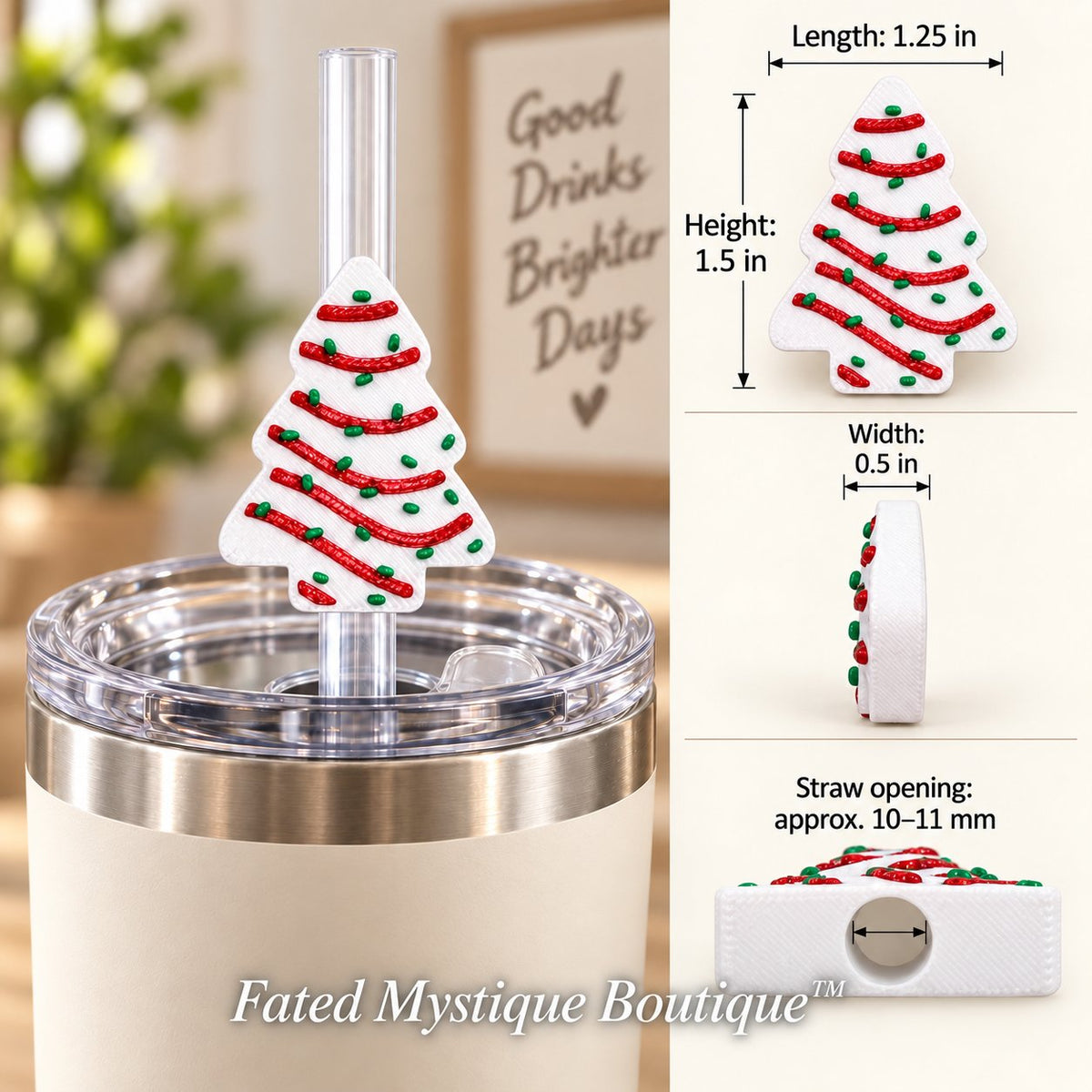 Christmas tree 3D printed straw topper in use on unified warm farmhouse background with dimensions