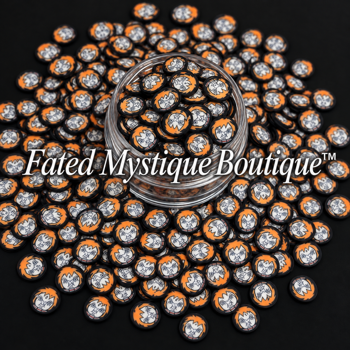 Chucky polymer clay slices in a clear jar on a black background — Fated Mystique Boutique