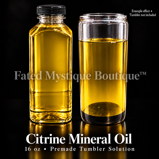 Citrine Mineral Oil — 16 oz bottle beside a clear tumbler showing the oil color; example effect, tumbler not included.