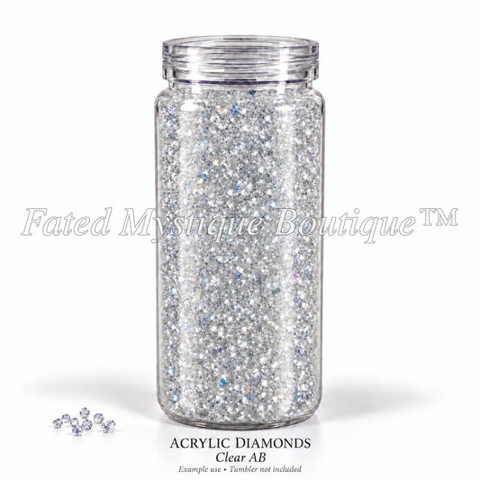 Clear AB Acrylic Diamonds shown in a clear snow globe tumbler; example use, tumbler not included