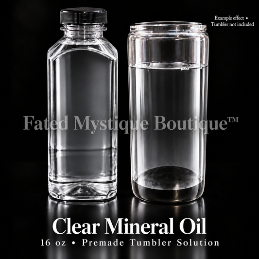 Clear Mineral Oil — 16 oz bottle beside a clear tumbler showing the oil color; example effect, tumbler not included.