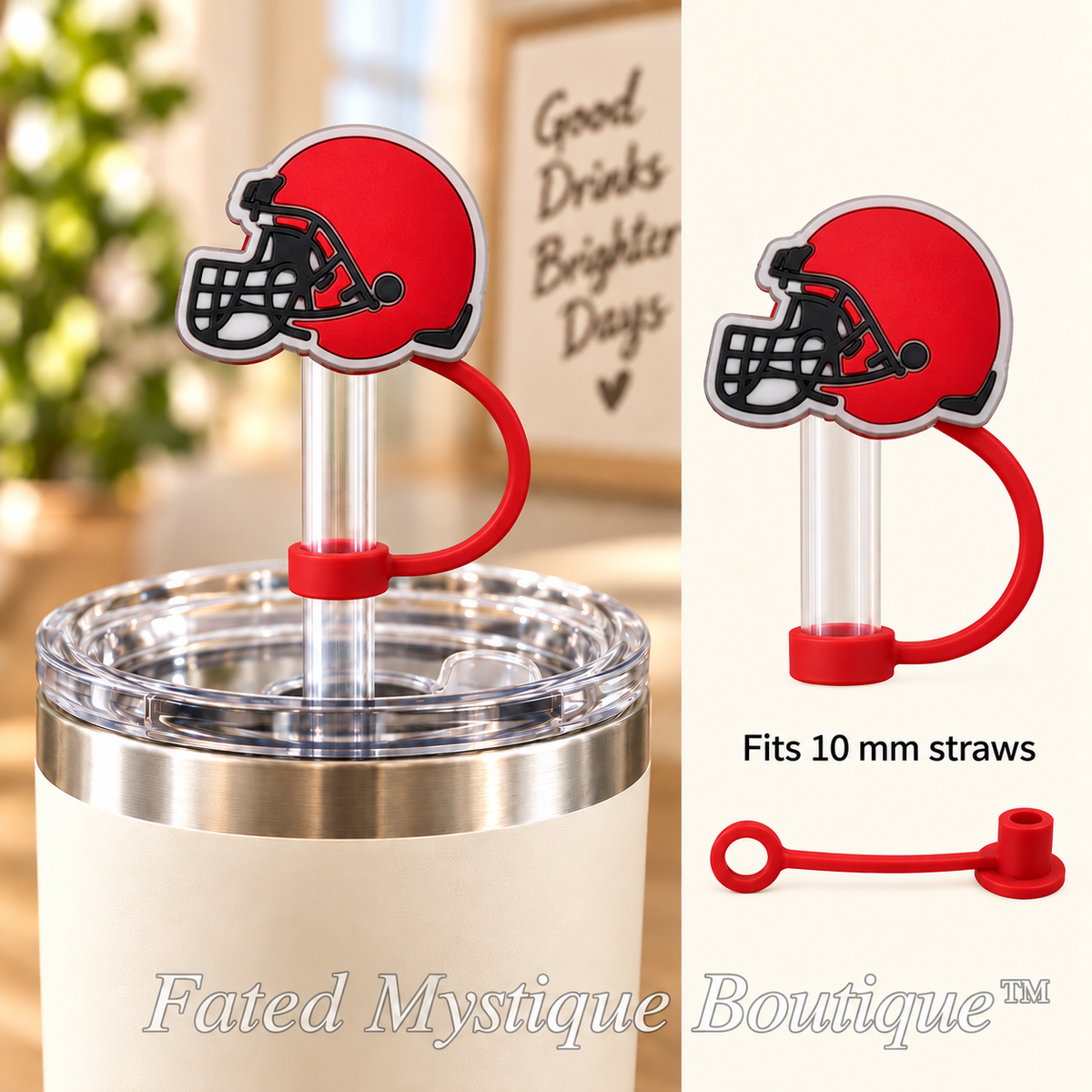 Cleveland Browns Helmet straw topper with matching tether for 10 mm straws — Fated Mystique Boutique