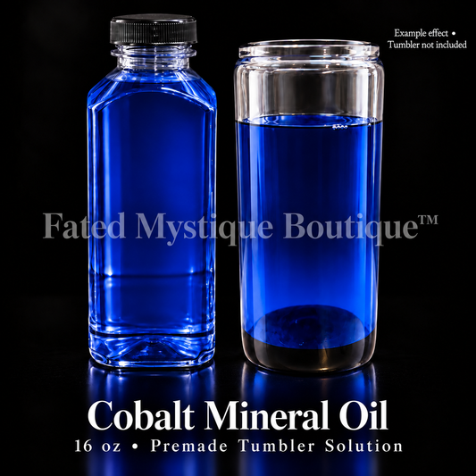 Cobalt Mineral Oil — 16 oz bottle beside a clear tumbler showing the oil color; example effect, tumbler not included.
