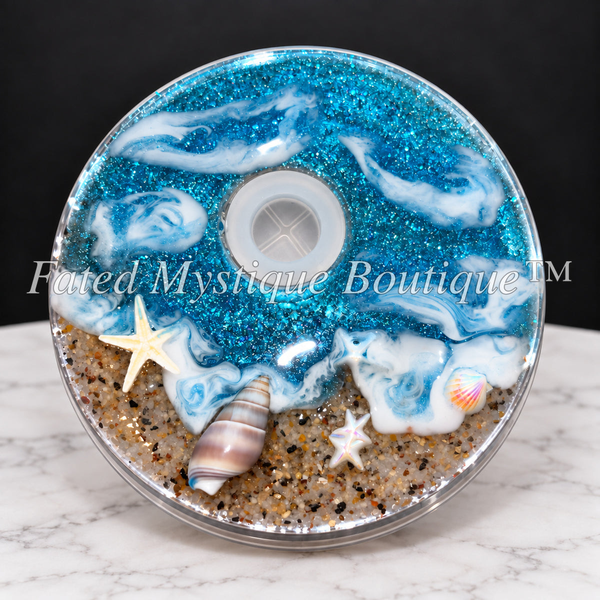 Beachy decorated tumbler lid on a black studio background — Fated Mystique Boutique