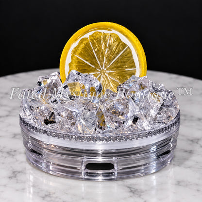 Lemon and clear faux ice tumbler lid on a black studio background — Fated Mystique Boutique