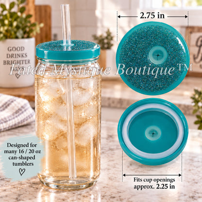 Colored lid variant: Teal Glitter — measurements and in-use image