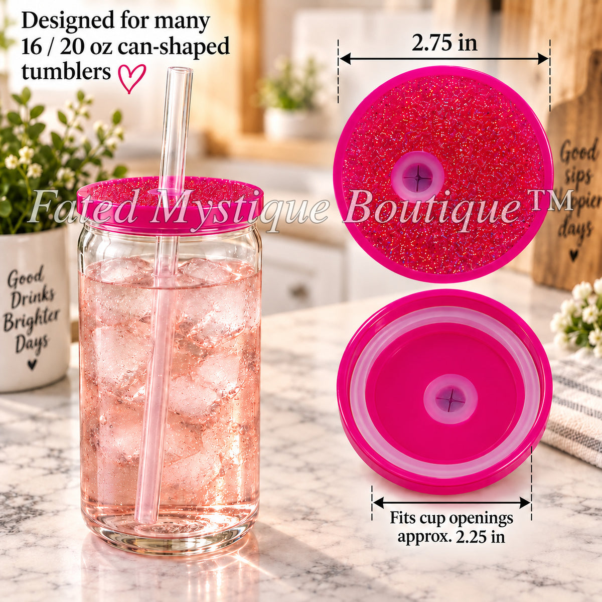 Colored lid variant: Hot Pink Glitter — measurements and in-use image
