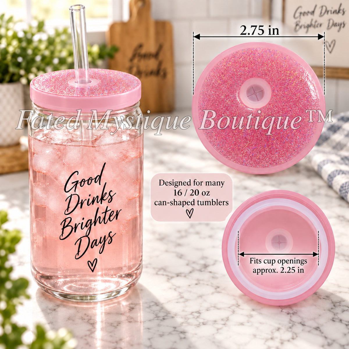 Colored lid variant: Light Pink Glitter — measurements and in-use image