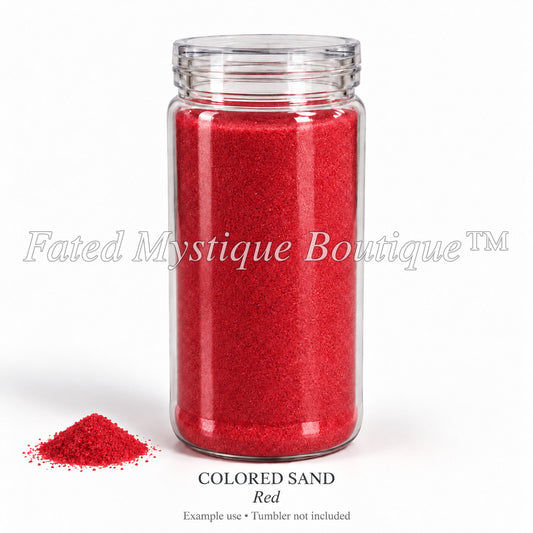 Red colored craft sand in a clear bottle with a sample pile — Fated Mystique Boutique