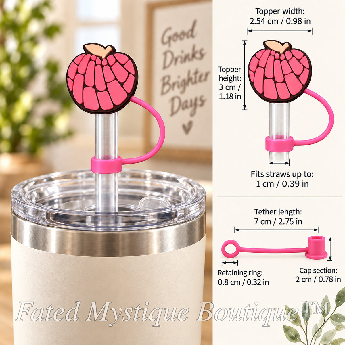 Concha straw topper style 1 shown on a tumbler with size and tether measurements — Fated Mystique Boutique