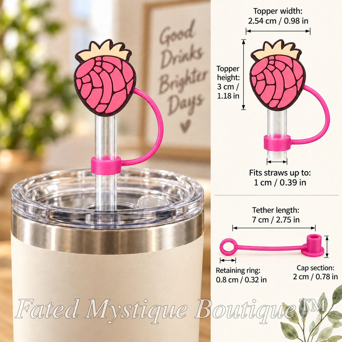 Concha straw topper style 2 shown on a tumbler with size and tether measurements — Fated Mystique Boutique