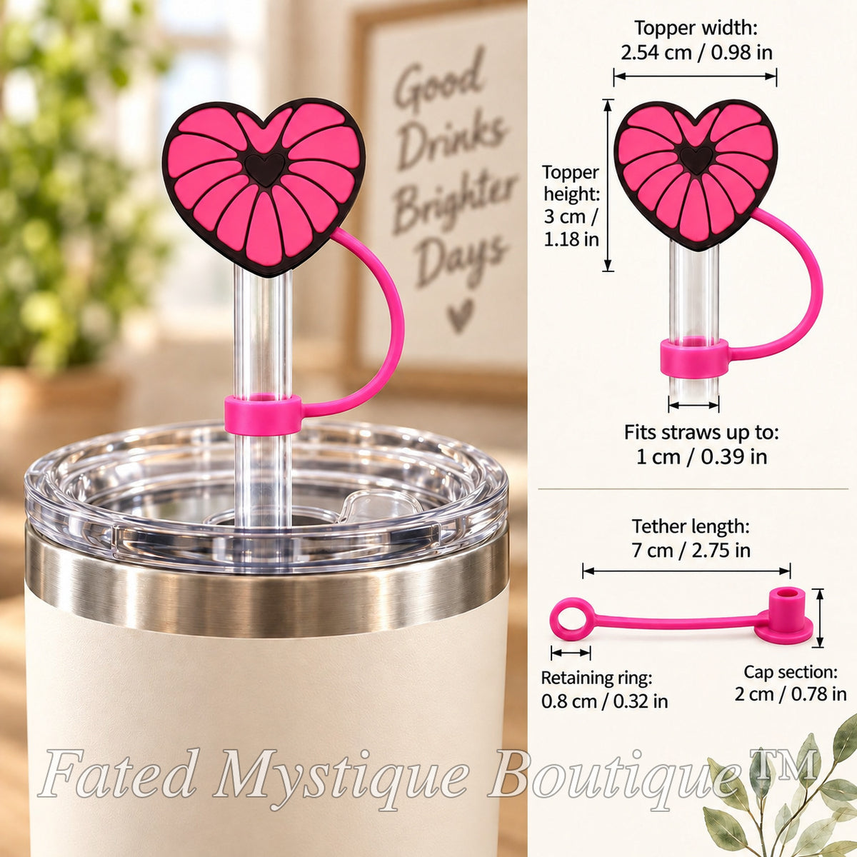 Concha straw topper style 3 shown on a tumbler with size and tether measurements — Fated Mystique Boutique