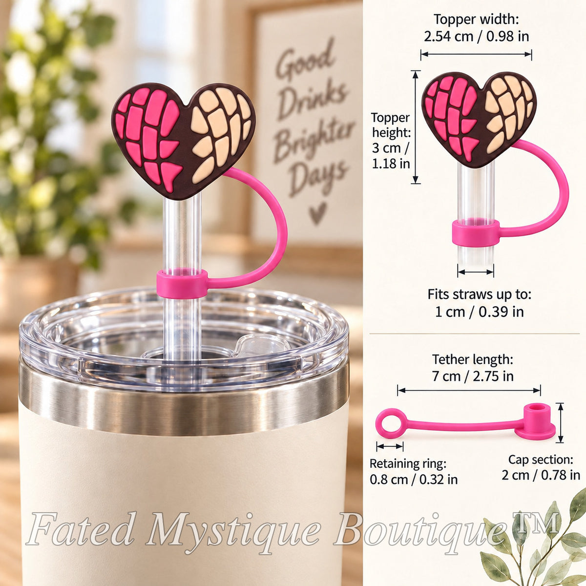 Concha straw topper style 4 shown on a tumbler with size and tether measurements — Fated Mystique Boutique