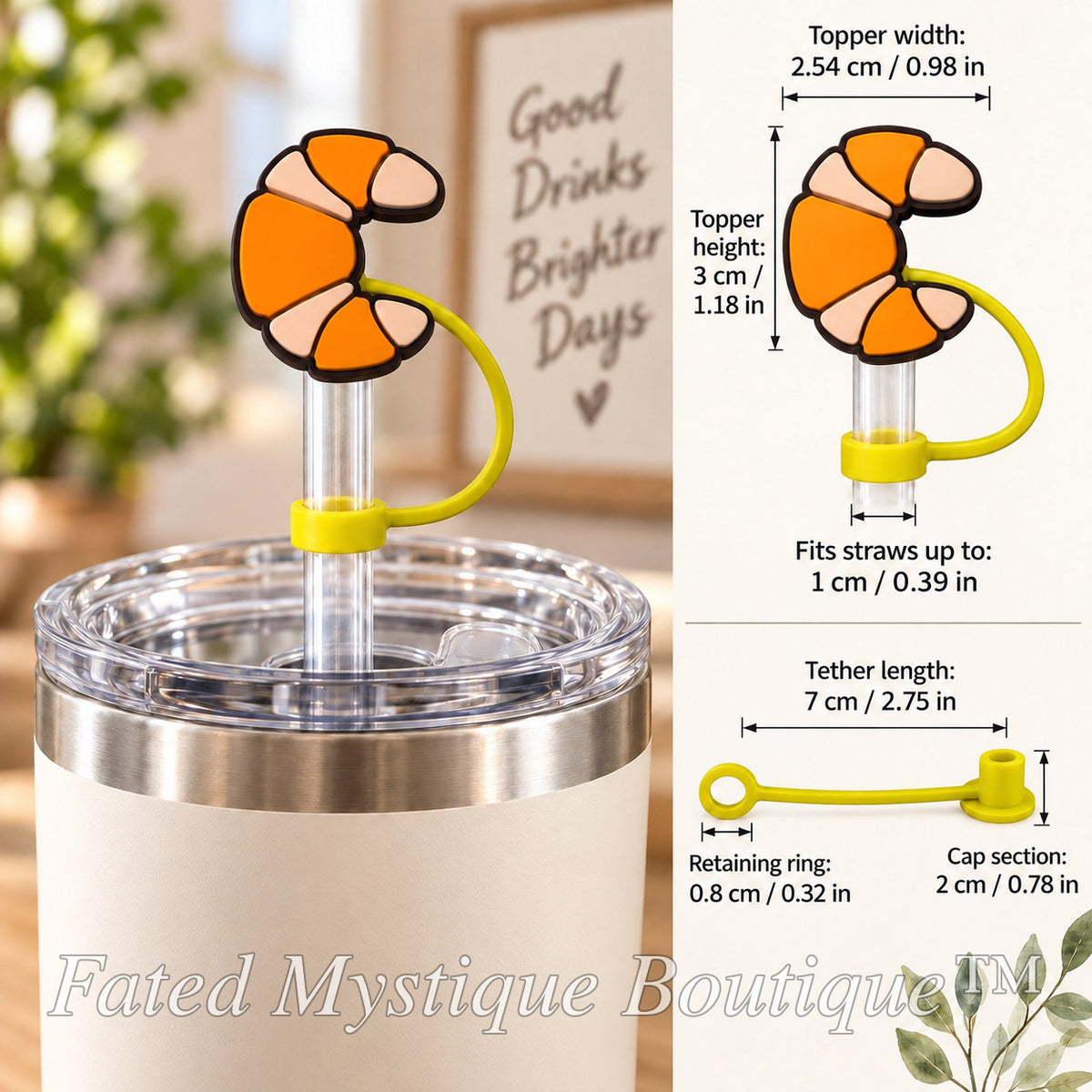 Concha straw topper style 5 shown on a tumbler with size and tether measurements — Fated Mystique Boutique