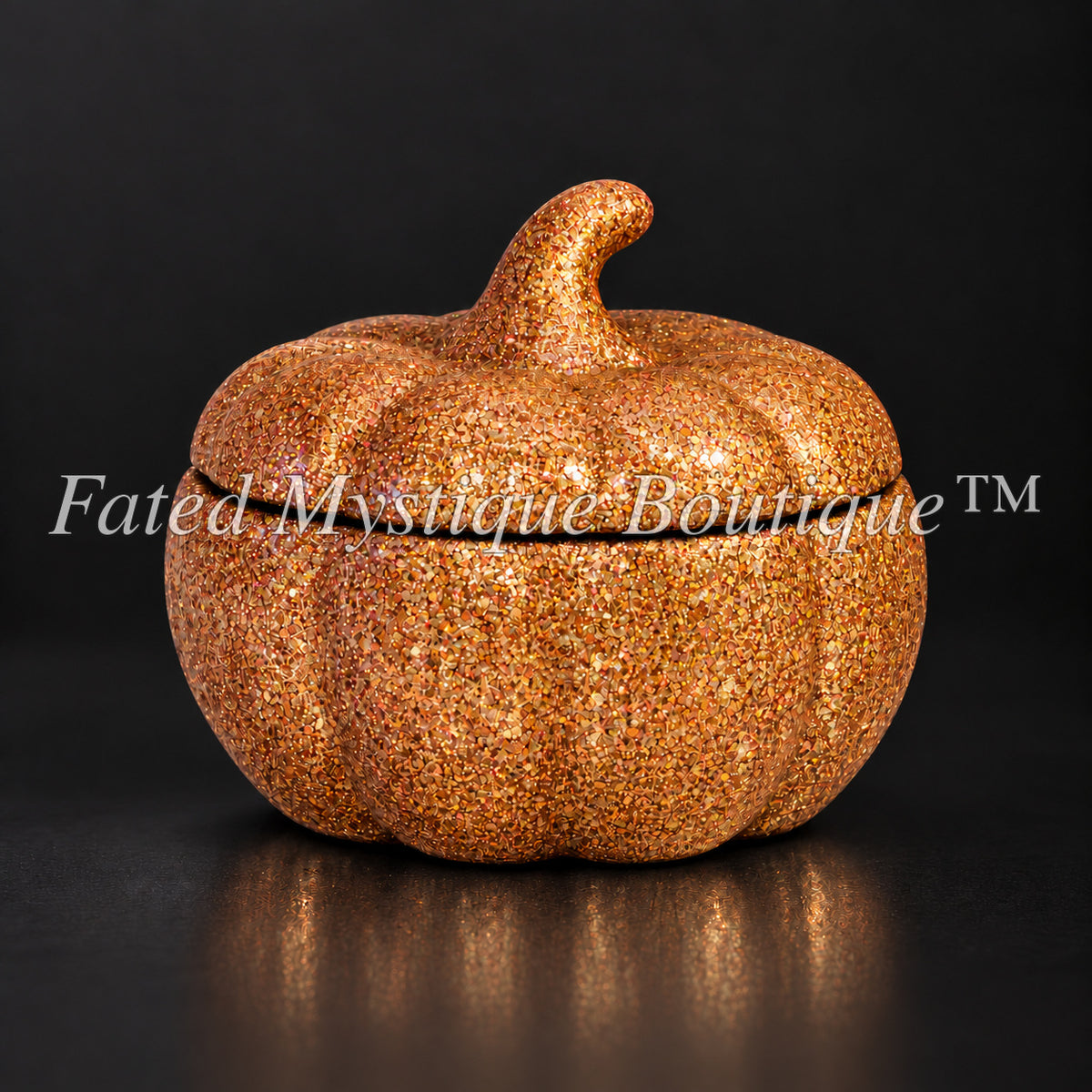 Copper glitter pumpkin trinket jar with lid for autumn tabletop decor — Fated Mystique Boutique
