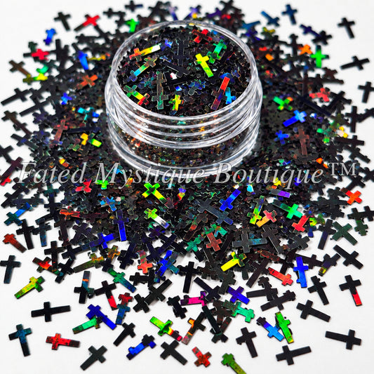 Black holographic cross-shaped glitter in a clear jar for tumblers and crafts — Fated Mystique Boutique