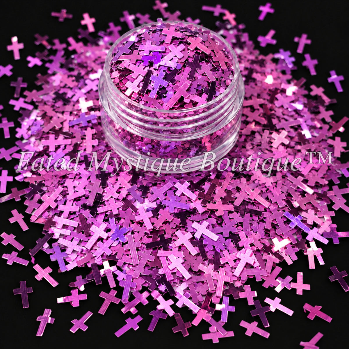 Purple cross-shaped glitter in a clear jar for tumblers and crafts — Fated Mystique Boutique