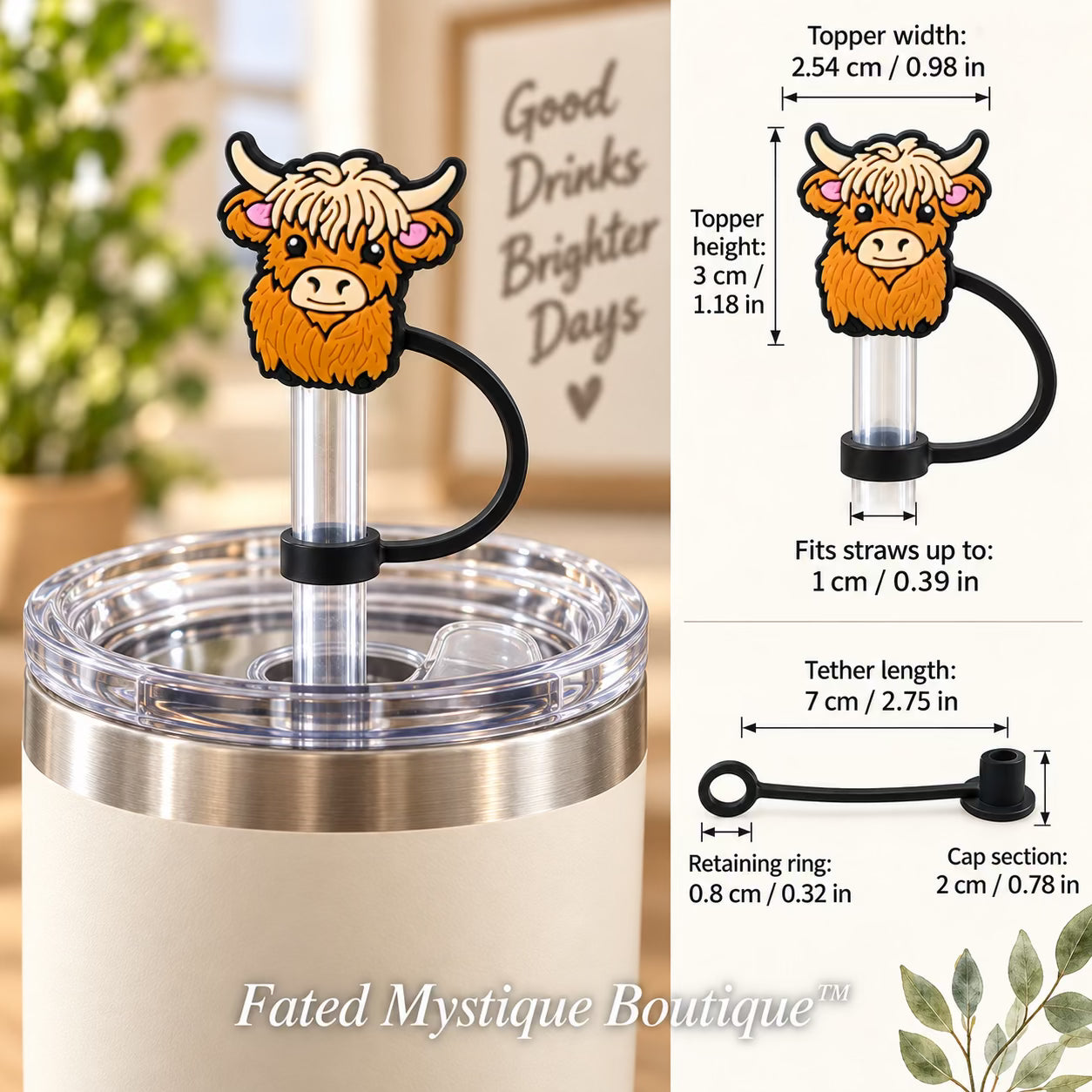 Cow Straw Topper #11 straw topper shown in use with measurements and Fated Mystique Boutique watermark