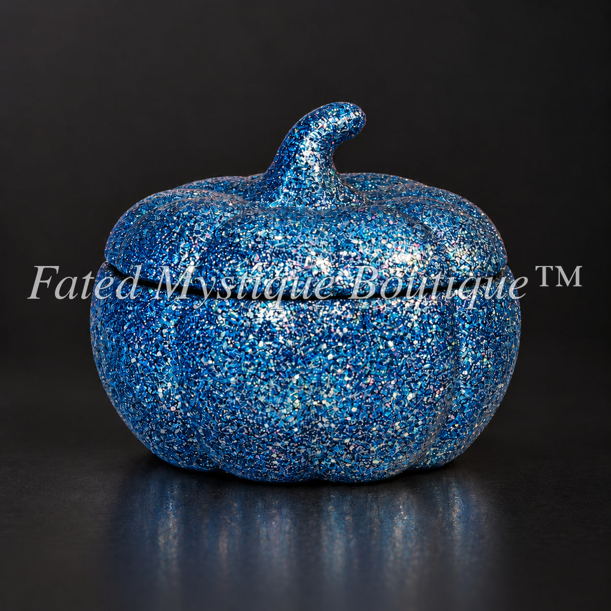 Dark blue glow-in-the-dark glitter pumpkin trinket jar with lid for fall decor — Fated Mystique Boutique