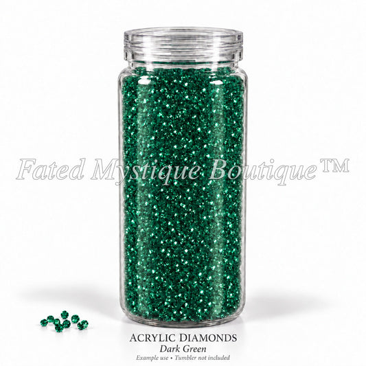 Dark Green Acrylic Diamonds shown in a clear snow globe tumbler; example use, tumbler not included