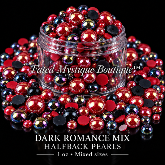 Dark Romance Mix Halfback Pearls, 1 oz mixed sizes, centered clear jar with scattered craft embellishments on black — Fated Mystique Boutique