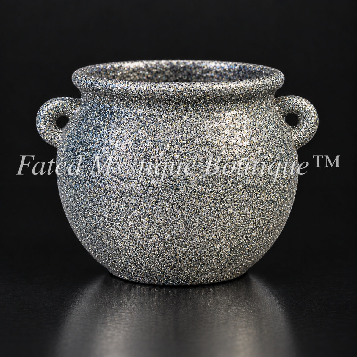 Silver glitter decorative cauldron trinket bowl on a black studio background — Fated Mystique Boutique