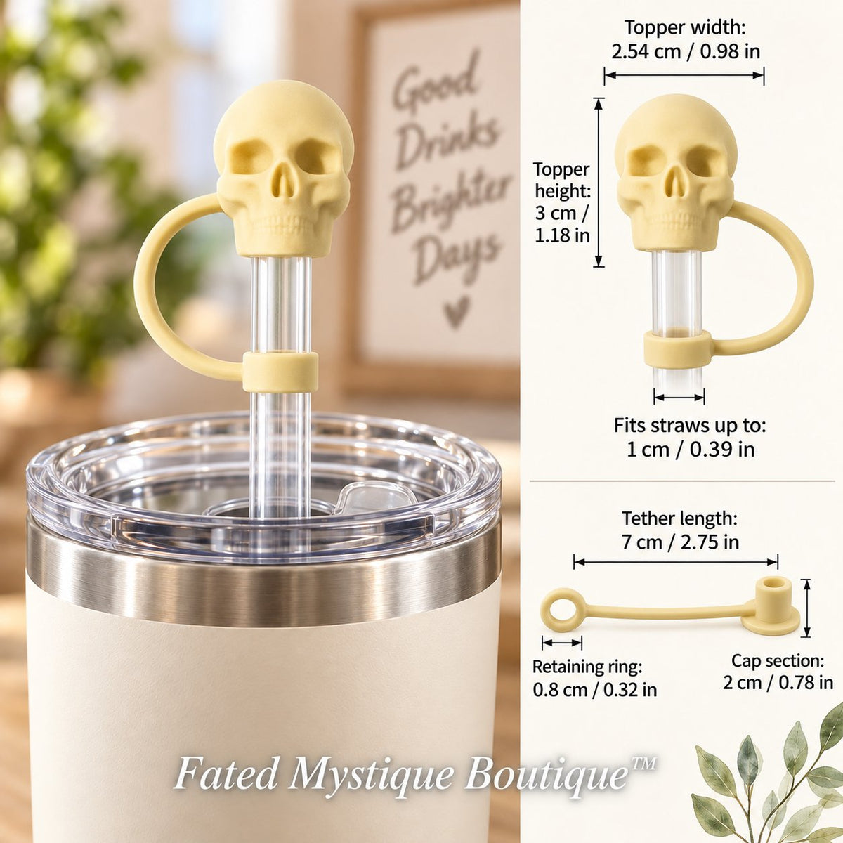 Skull Straw Topper Cream straw topper shown in use with measurements and Fated Mystique Boutique watermark