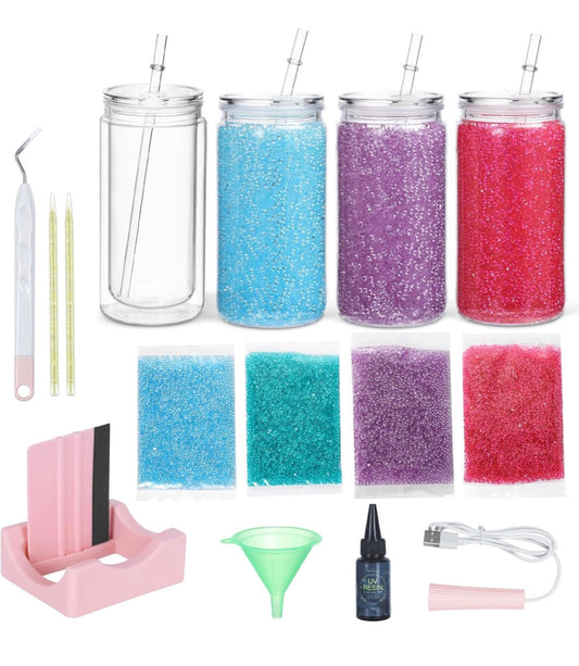 DIY rhinestone snow globe tumbler kit with four tumblers rhinestones wraps and crafting tools