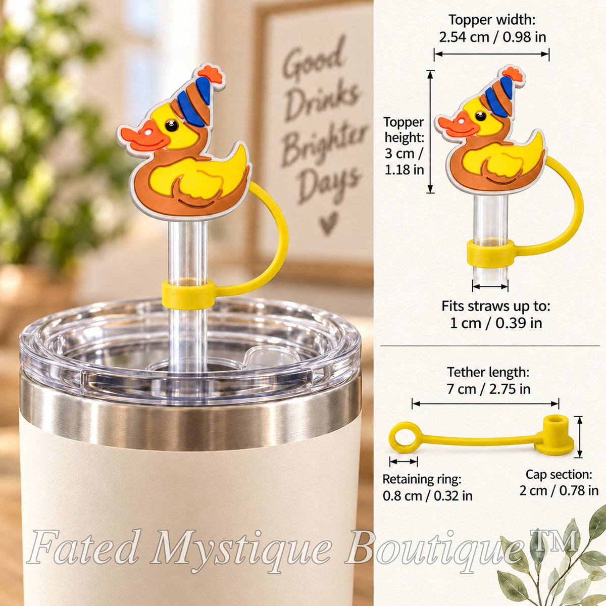 Duck straw topper style 2 shown on a tumbler with size and tether measurements — Fated Mystique Boutique